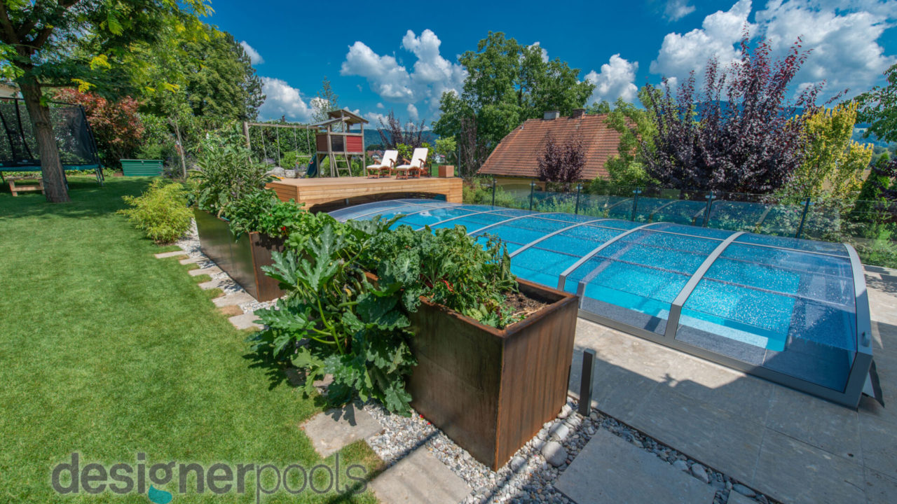 Überdachung Belize-Flachskimmerpool HYFLO - designerpools
